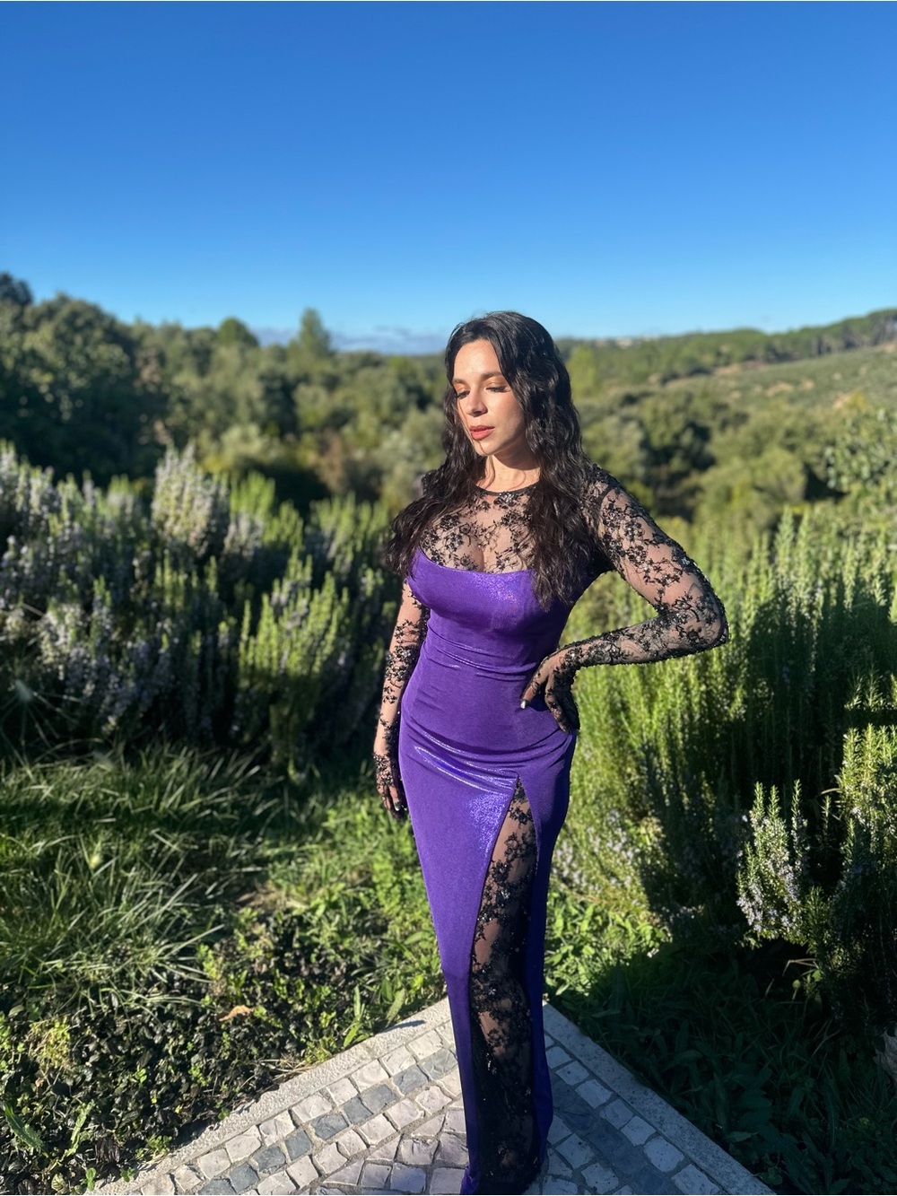 Lace Attached Sequin Vlora & Kaltrina Purple Bodycon Maxi Dress EU38 US6